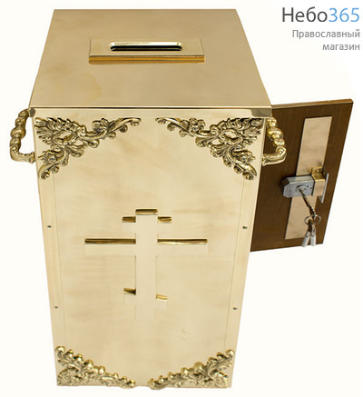  Кружка-ящик для пожертвований латунная напольная, с литыми накладками и двумя литыми ручками без рамки, фото 2 