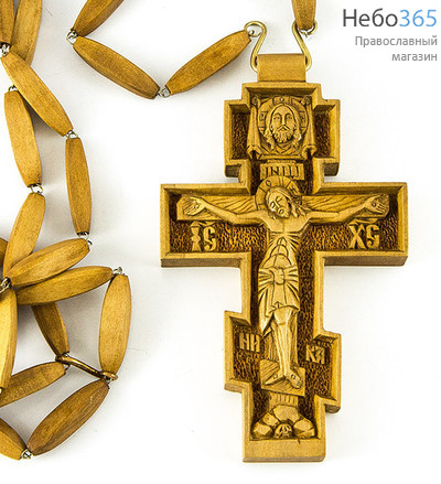  Крест наперсный иерейский деревянный восьмиконечный, резной, из груши, на деревянной цепочке, высотой 12 см, № 1., фото 1 