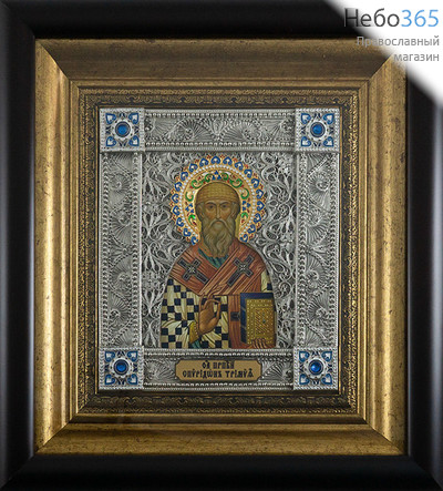  Спиридон Тримифунтский, святитель. Икона в ризе 30х33х4 см, полиграфия, серебрение, золочение, скань, эмаль, стразы, в деревянной раме под стеклом (Лч), фото 1 