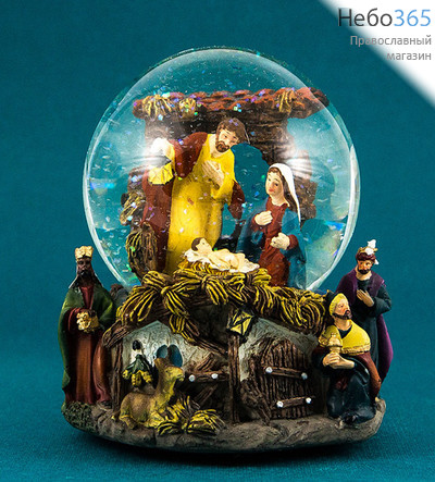  Вертеп рождественский из полистоуна, в шаре с гелем и блестками, музыкальный, высотой 14 см, 25462., фото 1 