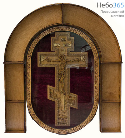  Крест деревянный из фанеры, выносной, резной, на бархате, в овальном киоте, под стеклом, с подковообразным окладом для цветов, 4528., фото 1 