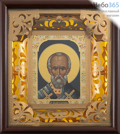  Николай Чудотворец, святитель. Икона в киоте 22х24 см (размер иконы 11х13 см), внутренняя ажурная рама из тонкого металла (29) (Пр), фото 1 