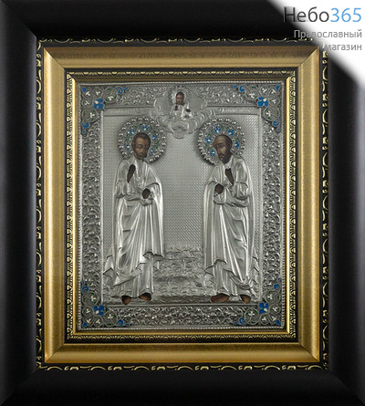  Петр и Павел, апостолы. Икона в ризе 24,5х26,5х4 см, полиграфия, серебрение, эмаль, в деревянной раме под стеклом (Лч), фото 1 
