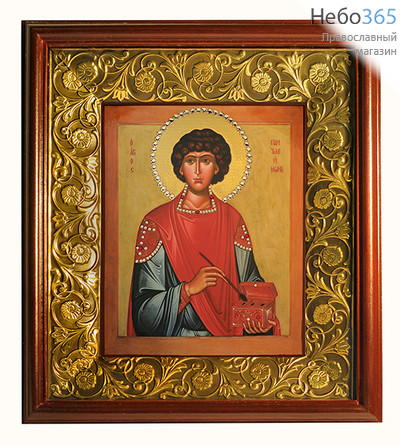  Икона в киоте 17х21, со стразами , киот с басмой великомученик Пантелеимон, фото 1 