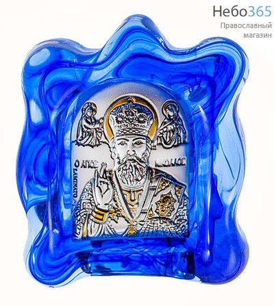  Николай Чудотворец, святитель. Икона в ризе, мурано, 4,5х5х1,5 см, сплошной оклад, серебрение, золочение, стекло, настольная (Ж) (EK0-МВG), фото 1 