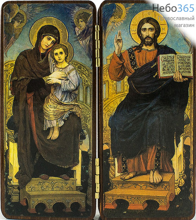  Складень деревянный 11х12 см, двойной удлинённый (КиД) Господь Вседержитель, Божией Матери Васнецовская (№20-3), фото 1 