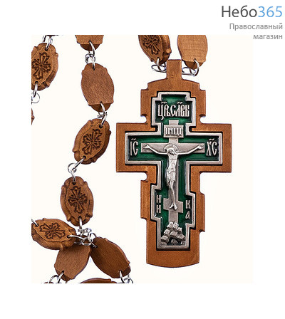  Крест деревянный наперсный иерейский 17153 -1, резной, с гальванической посеребренной вставкой, с эмалью, на деревянной цепочке с зеленой эмалью, фото 1 
