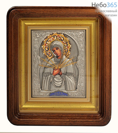 Икона в киоте 14х17, Божией Матери Семистрельная, полиграфия,  в ризе, цветная эмаль, фото 1 