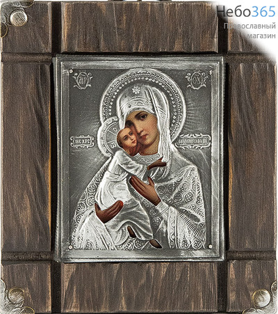  Икона на дереве 18х20 (икона 11х13), в ризе, с металлическими уголками, с пропилами, на кольце икона Божией Матери Владимирская, фото 1 