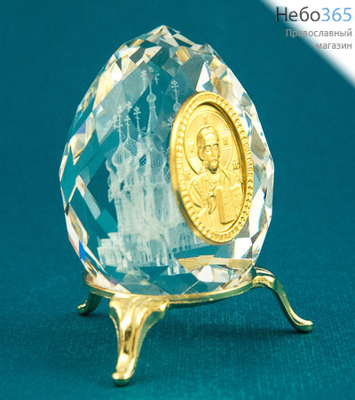  Яйцо пасхальное стеклянное с огранкой и лазерной гравировкой, с металлической иконой, в бархатном мешочке, в ассортименте, высотой 7,5 см., фото 1 