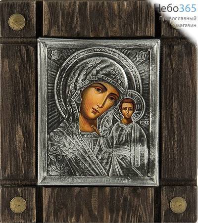  Икона на дереве 18х20 (икона 11х13), в ризе, с металлическими уголками, с пропилами, на кольце икона Божией Матери Казанская, фото 1 