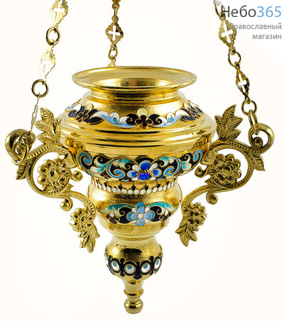  Лампада подвесная латунная Каскад, без стакана, с эмалью со сканью, с золочением, высотой 18 см с синей эмалью и камнями, фото 1 