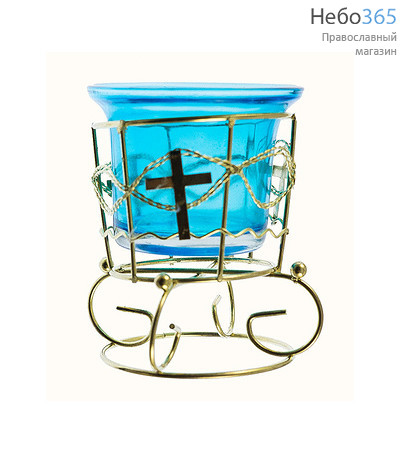  Лампада настольная металлическая Золотой ажур, с цветным стаканом, высотой 8 см, цвета в ассортименте Цвет стакана: голубой, фото 1 