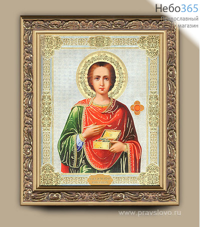  Икона в раме (Мк) 22х25, с тиснением, багет деревянный (В), под стеклом Пантелеимон, великомученик, фото 1 