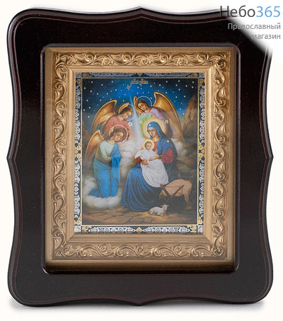  Рождество Христово. Икона в фигурном деревянном киоте со стеклом, 20х22 см, внутренняя рама с лепниной (Мис), фото 1 