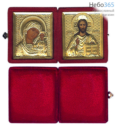  Складень бархатный 14х8 см с иконами в ризах: Спаситель, Казанская икона Божией Матери (6х7 см), венчальная пара (Ж), фото 1 