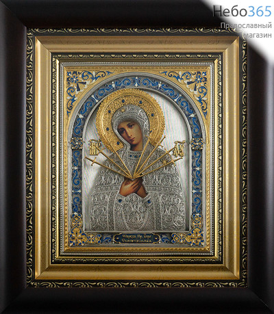  Семистрельная икона Божией Матери. Икона в ризе 24х28х4 см, полиграфия, серебрение, золчение, скань, эмаль, стразы, в деревянной раме под стеклом (Лч), фото 1 