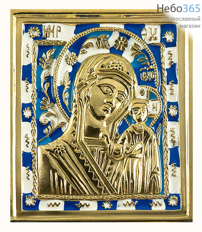 Икона металлическая медное литье, с образом Божией Матери Казанская, с сине - голубой и белой эмалью, 6,7 х 7,8 см, 208-1, фото 1 