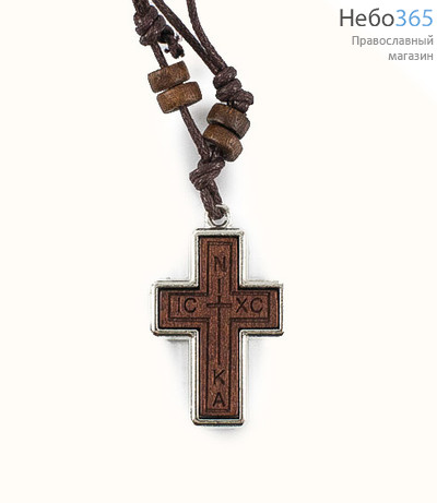  Крест нательный деревянный четырехконечный, резной, в металлической оправе, без распятия, на кожаном гайтане с регулируемой длиной, высотой 3 см, фото 1 