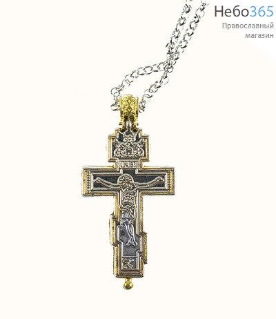  Мощевик - медальон металлический , Крест, двухцветный, на цепочке, с магнитным замком, высотой 4.5 см, в бархатной коробочке., фото 1 