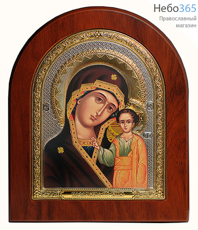  Икона в ризе (СимП) 14,5х18, RS 4DZG, посеребрение, позолота, шелкография, арочная, на деревянной основе Божией Матери Казанская, фото 1 