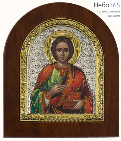  Пантелеимон, великомученик. Икона на деревянной основе 11,5х13 см, шелкография, в посеребренной и позолоченной открытой ризе, арочная (RS 3 DZG) (СмП), фото 1 