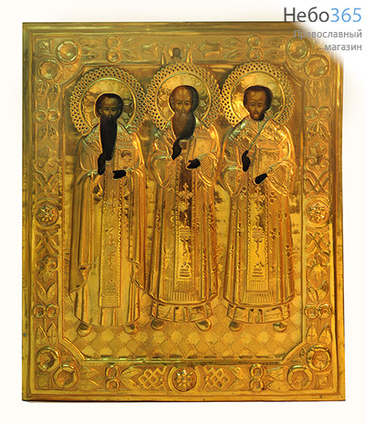  Три Святителя. Икона писаная 26,5х31, риза,19 век, фото 1 