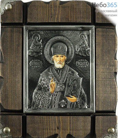  Икона на дереве 18х20 (икона 11х13), в ризе, с металлическими уголками, с пропилами, на кольце Николай Чудотворец, святитель, фото 1 