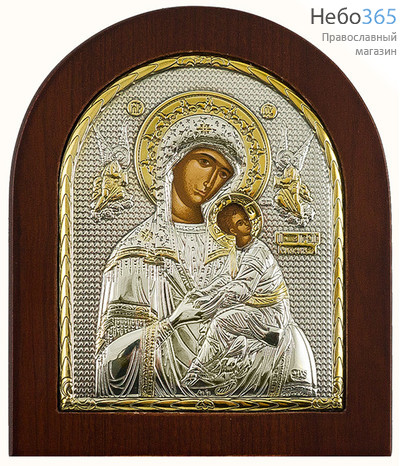  Страстная икона Божией Матери. Икона 11х13 см, шелкография, в ризе с серебрением и золочением, на деревянной основе, арочная, на подставке (EK3-ХАG) (Ж), фото 1 