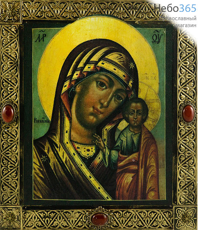  Казанская икона Божией Матери. Икона на дереве 30х33, печать на холсте, басма, натуральные камни, фото 1 