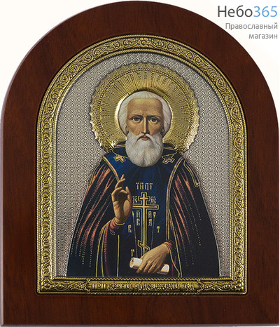 Сергий Радонежский, преподобный. Икона на деревянной основе 14,5х18 см, шелкография, в посеребренной и позолоченной открытой ризе, арочная (RS 4 DZG) (СмП), фото 1 