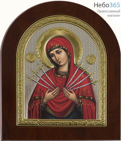  Семистрельная икона Божией Матери. Икона на деревянной основе 14,5х18 см, шелкография, в посеребренной и позолоченной открытой ризе, арочная (RS 4 DZG) (СмП), фото 1 