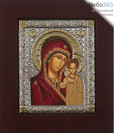  Икона в ризе (Ж), EKB2-XAG, 6х7 шелкография, на деревянной основе Божией Матери Казанская, фото 1 