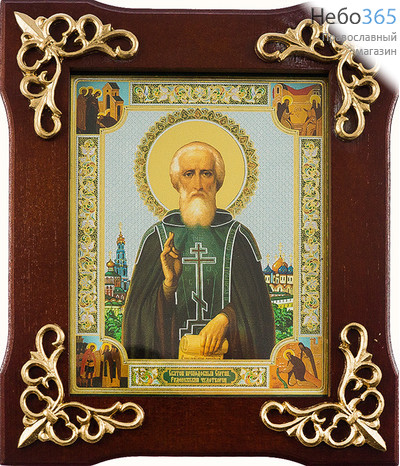  Икона в деревянной раме 14х17 см, со стеклом, с лепными позолоченными накладками (Мис) Сергий Радонежский,преподобный 2, фото 1 
