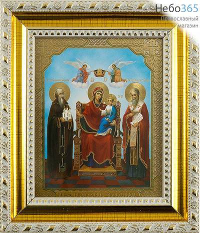  Икона в раме 13х15 см, полиграфия, золотое и серебряное тиснение, цветной фон, пластиковый багет, под стеклом (Су) икона Божией Матери Домостроительница (Экономисса) (22), фото 1 