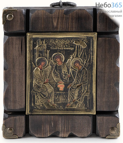  Святая Троица. Икона в деревянной раме 18х20 см (размер иконы 11х13 см), печать на холсте, черненая риза с декором под бронзу (Пин) (№13), фото 1 