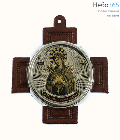  Семистрельная икона Божией Матери. Икона автомобильная 5,5х5,5 см, на обсидиане с посеребрением, в посеребренной рамке, на кожаном кресте, подвесная, круглая (Л) (КШ-01с), фото 1 