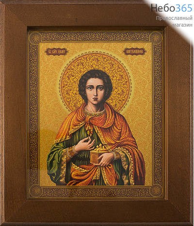  Икона в раме (Кз) 12х15 (в раме 16,5х19,5), прямая печать на поталь, под стеклом Пантелеимон, великомученик (поясной), фото 1 