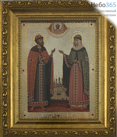  Икона в киоте 13х16, со стразами, узкий багет Петр и Феврония, благоверные князь и княгиня, фото 1 