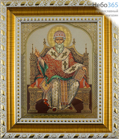  Икона в раме 9х11, полиграфия, золотое и серебряное тиснение, пластиковый багет, под стеклом Спиридон Тримифунтский, святитель, фото 1 
