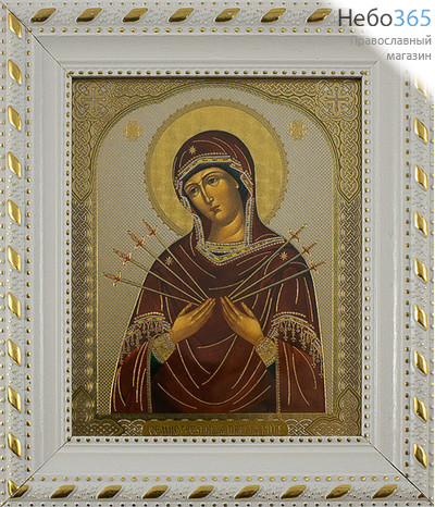 Икона в раме 9х11, полиграфия, золотое и серебряное тиснение, пластиковый багет, под стеклом икона Божией Матери Семистрельная, фото 1 
