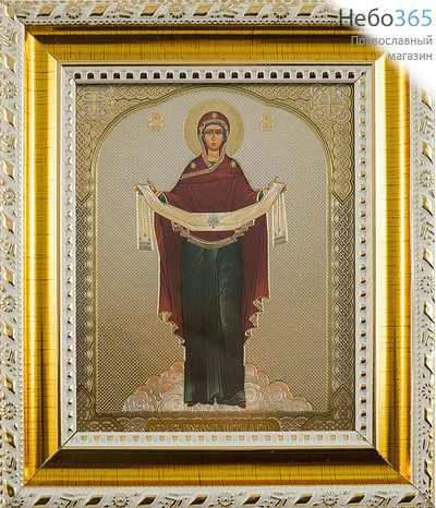  Икона в раме 9х11, полиграфия, золотое и серебряное тиснение, пластиковый багет, под стеклом Покров Пресвятой Богородицы, фото 1 