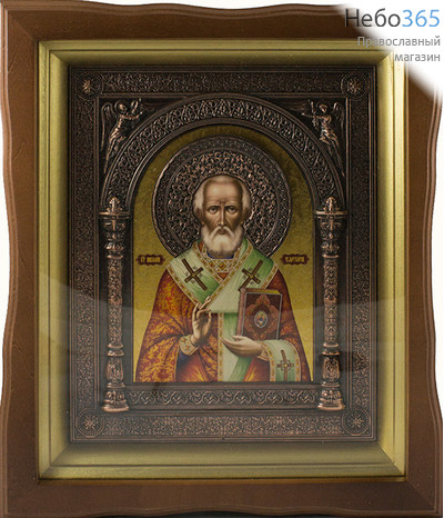  Икона в раме (Кз) 21х25 (в раме 31х35), прямая печать на поталь, киот-гальванопластика, под стеклом Николай Чудотворец, святитель, фото 1 