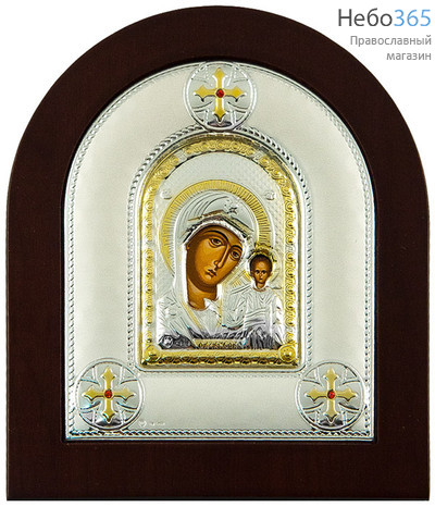  Икона на дереве (Аф) MAE21DX, 12х14, шелкография, арочная, посеребренная, позолоченная риза, со стразами Божией Матери Казанская, фото 1 