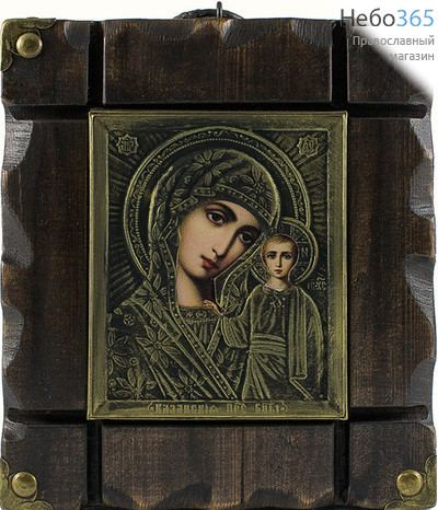  Икона на дереве 18х20, в ризе, с металлическими уголками, с пропилами, на кольце икона Божией Матери Казанская, фото 1 