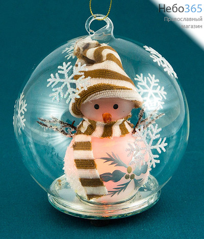  Сувенир рождественский Снеговик в шаре из пластика, с подсветкой, высотой 12 см, GTL 10073, фото 1 