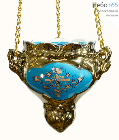  Лампада подвесная керамическая "Средняя". Эмаль, золото, деколь, высота 9,5 см. С цепями, без стакана цвет: голубой, фото 2 