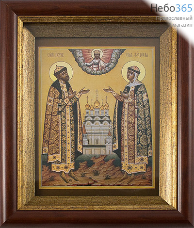  Икона в киоте 17х20,5, холст, деревянный багет Петр и Феврония, благоверные князь и княгиня, фото 1 