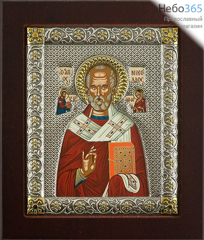  Николай Чудотворец, святитель. Икона в ризе 11х13 см, шелкография, серебрение, золочение, на деревянной основе (EKB3-XAG) (Ж), фото 1 