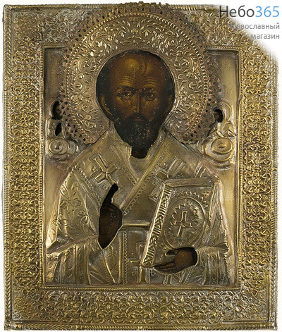  Николай Чудотворец, святитель. Икона писаная 22,5х27 см, в ризе, 19 век (Кж), фото 1 